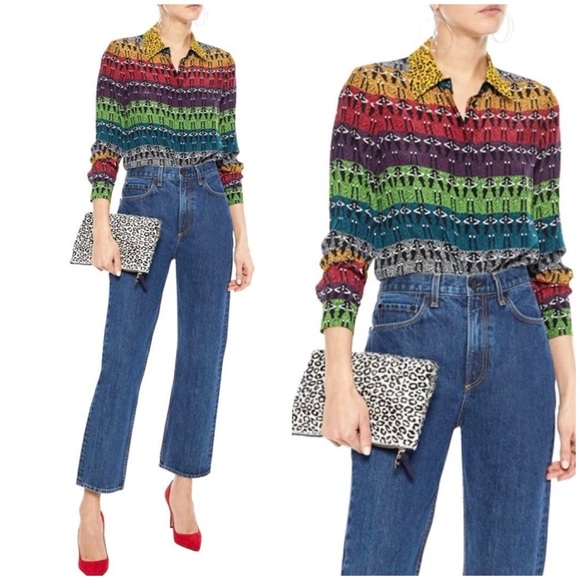 New! Alice + Olivia Willa Rainbow Stace Face 100% Silk Blouse 💜 💛 XS - Picture 3 of 16